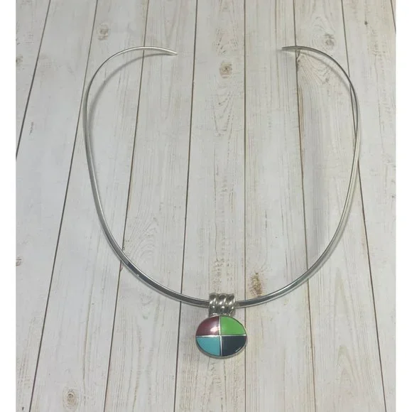 Vintage 925 Choker Necklace Multi Gemstone Pendant Modernist 15 inches - Picture 1 of 7